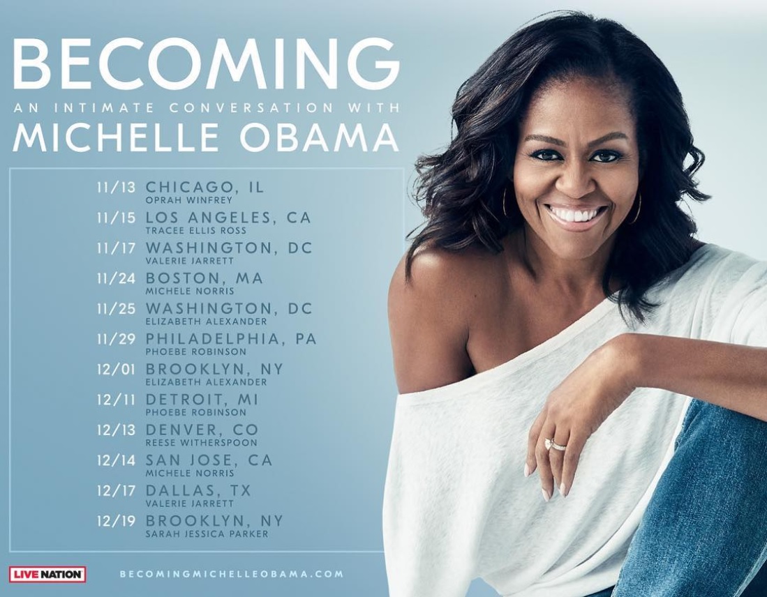 ツアー日程のポスターで告知したミシェル・オバマ氏（画像は『Michelle Obama　2018年10月31日付Instagram「I can’t wait to share the stage with these wonderful people」』のスクリーンショット）