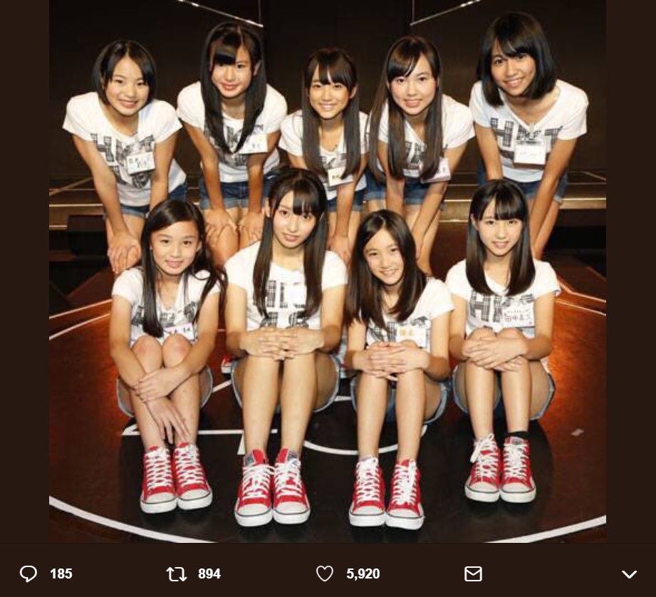 HKT48第3期生、お披露目での集合写真（2013年11月2日）（画像は『田中美久　2018年11月2日付Twitter「お披露目から5年が経ちました。」』のスクリーンショット）