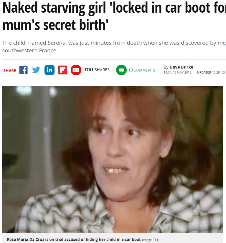 車のトランクに約2年間も娘を隠していた母親（画像は『Mirror　2018年11月13日付「Naked starving girl ‘locked in car boot for two years after mum’s secret birth’」（Image: TF1）』のスクリーンショット）