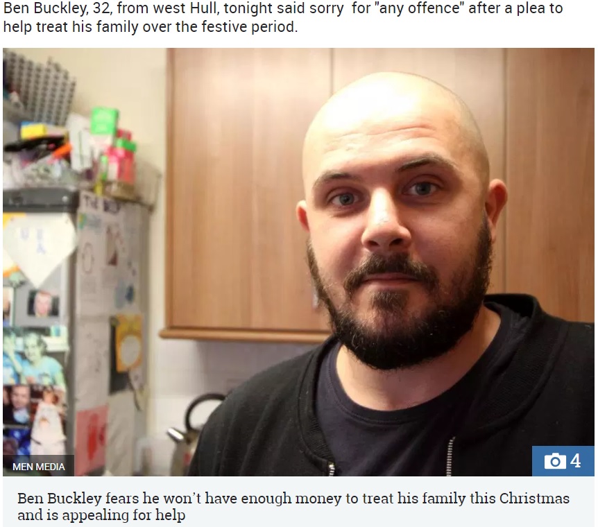 寄付金サイトで子供たち5人のクリスマスプレゼントの支援を持ち掛けた父親（画像は『The Sun　2018年11月20日付「‘I ONLY STARTED THIS FOR MY KIDS’ Skint dad who raised more than ￡2k to fund family’s Christmas apologises to trolls after smashing GoFundMe target」（Credit: MEN MEDIA）』のスクリーンショット）