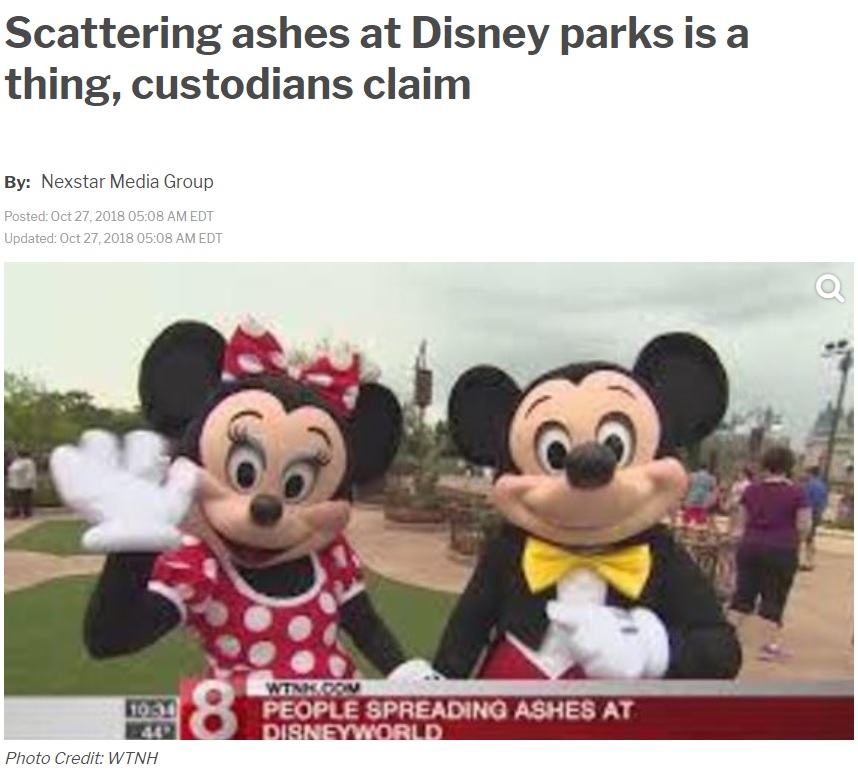 米ディズニーランド、ディズニーワールドが遺灰散布の人気スポットに…（画像は『WWLP.com　2018年10月27日付「Scattering ashes at Disney parks is a thing, custodians claim」（Photo Credit: WTNH）』のスクリーンショット）