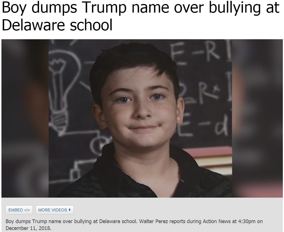 いじめられることにうんざりした少年が名字を変更（画像は『6abc Action News　2018年12月11日付「Boy dumps Trump name over bullying at Delaware school」』のスクリーンショット）
