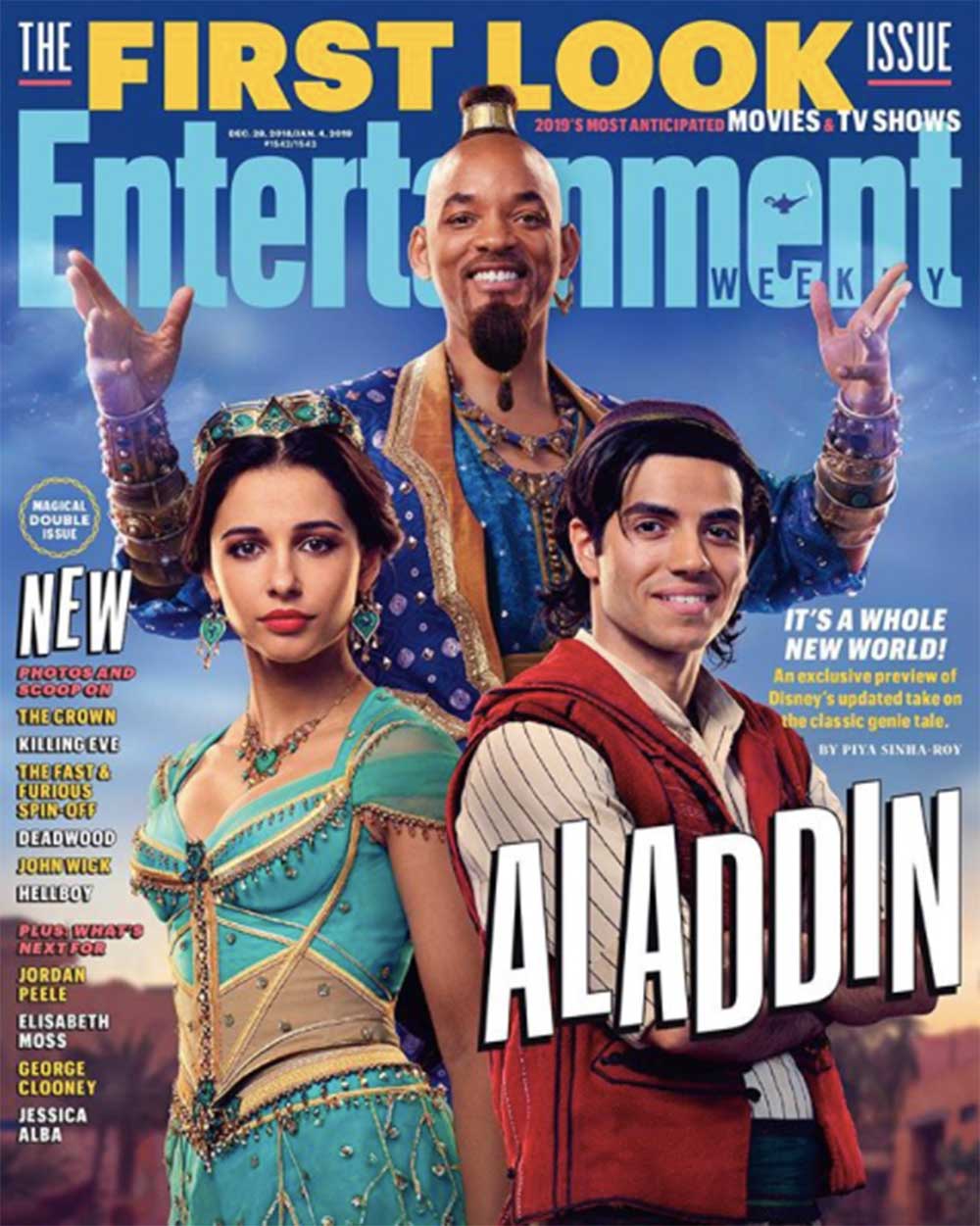 『Entertainment Weekly』の表紙を飾ったキャストたち（画像は『Will Smith　2018年12月19日付Instagram「BAM!! First look at the Genie, Princess Jasmine, and ＃Aladdin! Check Me Rockin’ the Top Knot Ponytail Vibes in ＠entertainmentweekly」』のスクリーンショット）』のスクリーンショット）