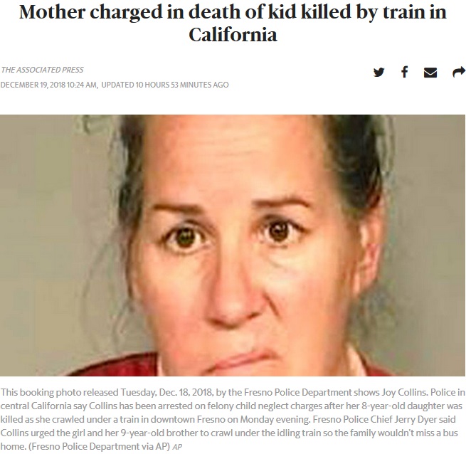 8歳娘を死に至らしめ、逮捕された母親（画像は『The Tribune　2018年12月19日付「Mother charged in death of kid killed by train in California」（Fresno Police Department via AP）』のスクリーンショット）