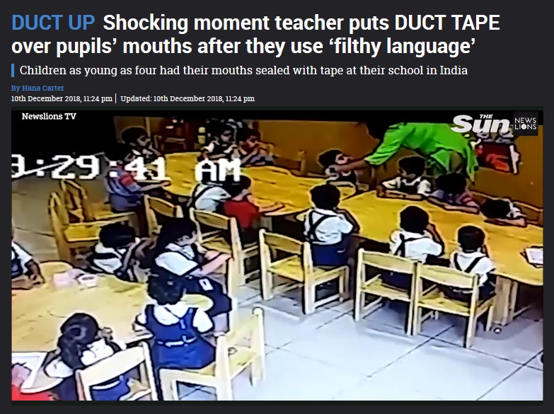 児童の口にテープを張り付ける教師の姿がカメラに…（画像は『The Sun　2018年12月10日付「DUCT UP Shocking moment teacher puts DUCT TAPE over pupils’ mouths after they use ‘filthy language’」』のスクリーンショット）