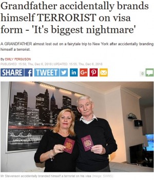 【海外発！Breaking News】米渡航認証フォームで誤って“テロリスト”を選択　英70歳男性、生涯米入国拒否の危機に