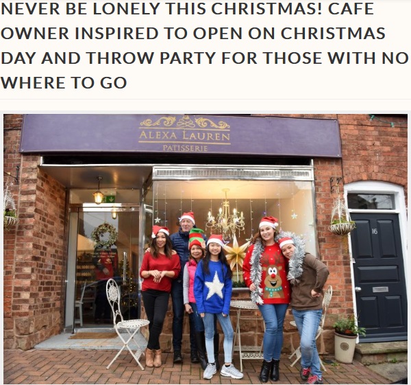 親切なカフェのオーナー（右から2番目）、25日に無料でパーティーを開く（画像は『Storytrender　2018年12月20日付「Never be lonely this Christmas! Cafe owner inspired to open on Christmas day and throw party for those with no where to go」（MERCURY PRESS）』のスクリーンショット）