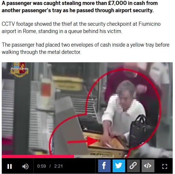 伊ローマの空港で他の客の現金を堂々と盗む旅行者（画像は『Metro　2018年12月18日付「Passenger caught stealing ￡7,000 in cash from airport security tray」（Picture: Polizia di Stato）』のスクリーンショット）