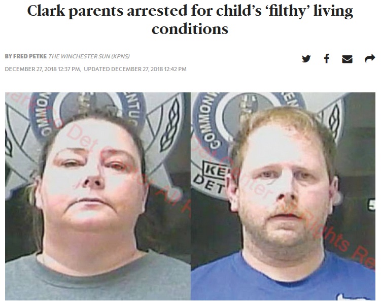 12歳障害児を劣悪な環境で生活させていた両親（画像は『Lexington Herald Leader　2018年12月27日付「Clark parents arrested for child’s ‘filthy’ living conditions」』のスクリーンショット）