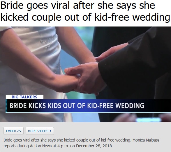 子連れで参加したカップルを花嫁が式場から追い出す（画像は『ABC7 News　2018年12月28日付「Bride goes viral after she says she kicked couple out of kid-free wedding」』のスクリーンショット）
