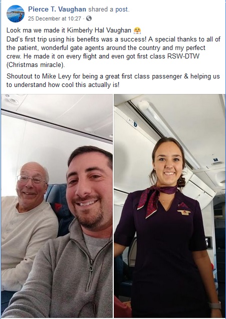 クリスマスを娘と一緒に過ごしたい父（写真左）、CAの娘が勤務する飛行機に乗り込む（画像は『Pierce T. Vaughan　2018年12月25日付Facebook「Look ma we made it Kimberly Hal Vaughan」』のスクリーンショット）