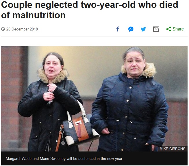 女性カップル、2015年に女児を死なせた罪を認める（画像は『BBC News　2018年12月20日付「Couple neglected two-year-old who died of malnutrition」（MIKE GIBBONS）』のスクリーンショット）
