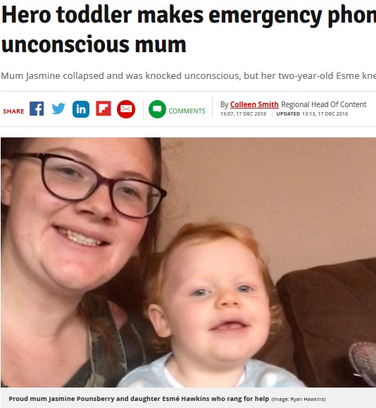 2歳娘のおかげで助かった母親（画像は『Devon Live　2018年12月19日付「Hero toddler makes emergency phone call to save her unconscious mum」（Image: Ryan Hawkins）』のスクリーンショット）