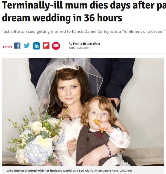 末期がんの母、ホスピスで結婚式を挙げた後に旅立つ（画像は『Daily Record　2018年12月10日付「Terminally-ill mum dies days after pals arranged dream wedding in 36 hours」（Image: Ayeesha Walsh / SWNS.com）』のスクリーンショット）