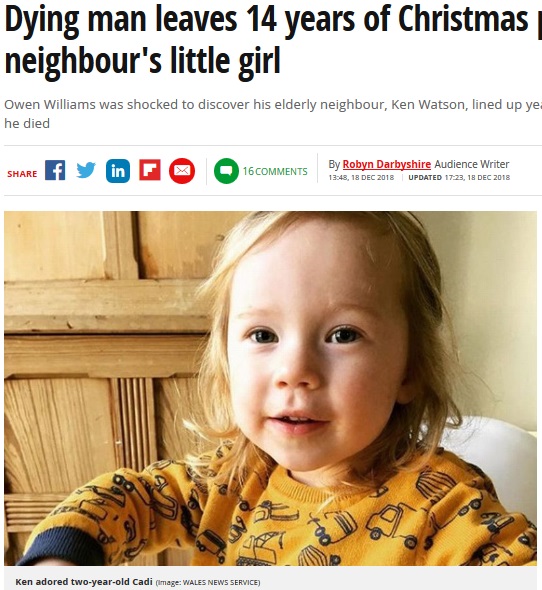お隣に住んでいたおじいちゃんに14年分のクリスマスプレゼントを貰った2歳女児（画像は『Mirror　2018年12月18日付「Dying man leaves 14 years of Christmas presents for neighbour’s little girl」（Image: WALES NEWS SERVICE）』のスクリーンショット）