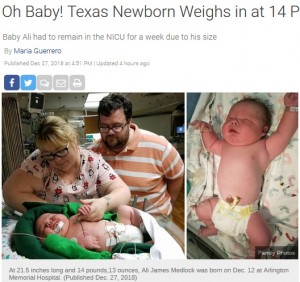 【海外発！Breaking News】テキサスで6,719gのビッグベビー誕生　病院の体重記録を大きく更新（米）