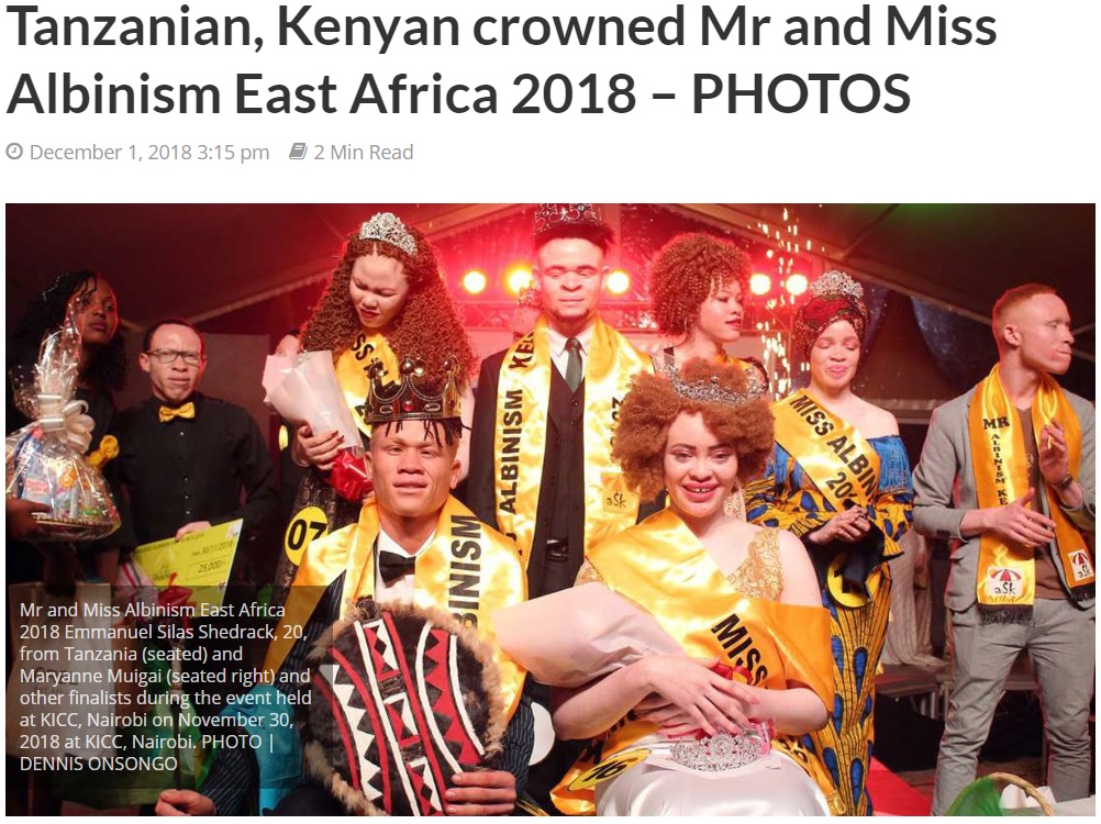 アルビノのビューティーコンテスト出場者（画像は『Nairobi News　2018年12月1日付「Tanzanian, Kenyan crowned Mr and Miss Albinism East Africa 2018 – PHOTOS（PHOTO/DENNIS ONSONGO）」』のスクリーンショット）