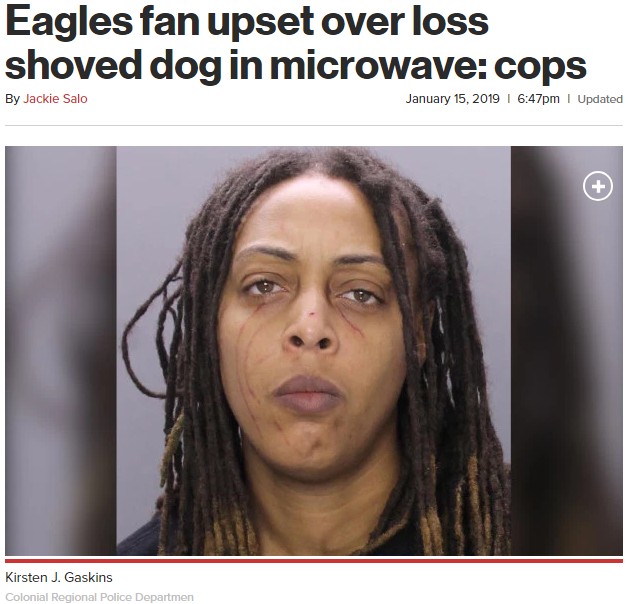ペットの犬を電子レンジに閉じ込めた女（画像は『New York Post　2019年1月15日付「Eagles fan upset over loss shoved dog in microwave: cops」（Colonial Regional Police Department）』のスクリーンショット）