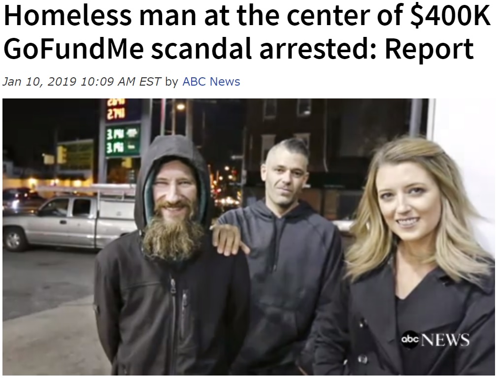 多額の寄付が寄せられたホームレスをめぐるストーリーは真っ赤な嘘（画像は『ABC Columbia　2019年1月10日付「Homeless man at the center of ＄400K GoFundMe scandal arrested: Report」（ABC News）』のスクリーンショット）