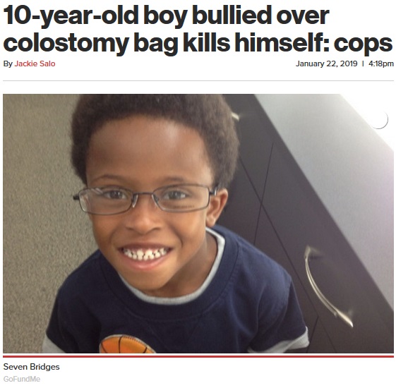 病気をからかわれ命を絶った10歳少年（画像は『New York Post　2019年1月22日付「10 year old boy bullied over colostomy bag kills himself cops」（GoFundMe）』のスクリーンショット）