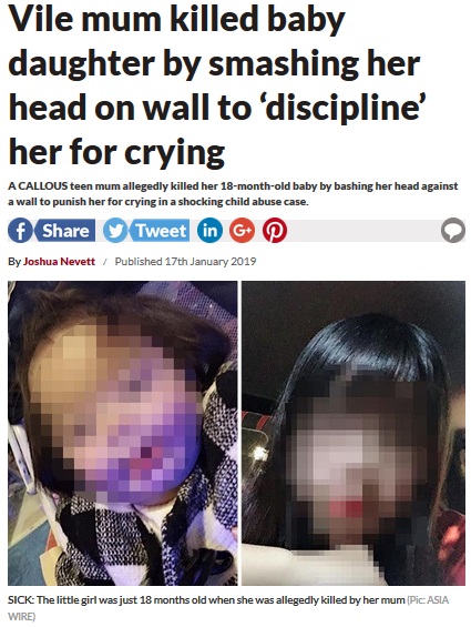 17歳の母、我が子を躾と称して何か月も虐待し殺害（画像は『Daily Star　2019年1月17日付「Vile mum killed baby daughter by smashing her head on wall to ‘discipline’ her for crying」（Pic: ASIA WIRE）』のスクリーンショット）