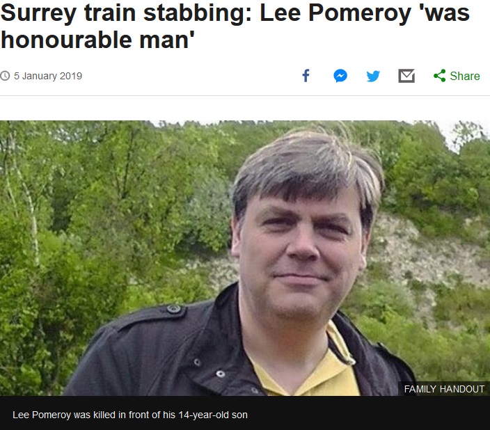 電車内で刺され死亡した男性（画像は『BBC News　2019年1月5日付「Surrey train stabbing: Lee Pomeroy ‘was honourable man’」（FAMILY HANDOUT）』のスクリーンショット）