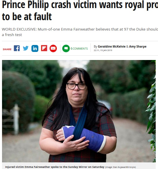 フィリップ殿下の事故に巻き込まれた被害者女性（画像は『Mirror　2019年1月19日付「Prince Philip crash victim wants royal prosecuted if found to be at fault」（Image: Stan Kujawa/Mirrorpix）』のスクリーンショット）