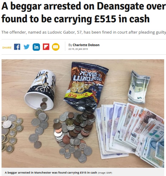 物乞いをしていた男の所持品（画像は『Manchester Evening News　2019年1月27日付「A beggar arrested on Deansgate over Christmas was found to be carrying ￡515 in cash」（Image: GMP）』のスクリーンショット）
