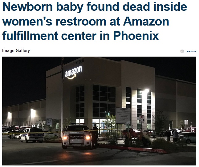 米アリゾナ州のAmazon発送センター内で新生児の遺体発見（画像は『FOX 10 Phoenix　2019年1月16日付「Newborn baby found dead inside women’s restroom at Amazon fulfillment center in Phoenix」』のスクリーンショット）
