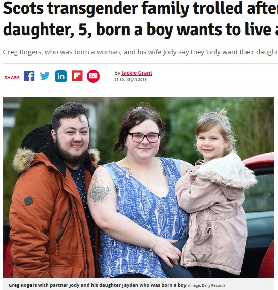 トランスジェンダーファミリーの子供、女の子として生きることを公表後に批判の声を浴びる（画像は『Daily Record　2019年1月13日付「Scots transgender family trolled after revealing daughter, 5, born a boy wants to live as girl」（Image: Daily Record）』のスクリーンショット）
