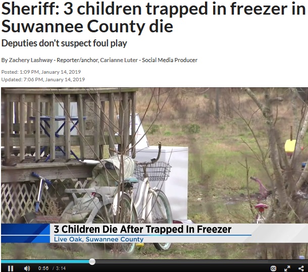 庭に放置していた冷凍庫で子供3人が事故死（画像は『News4Jax　2019年1月14日付「Sheriff: 3 children trapped in freezer in Suwannee County die」』のスクリーンショット）