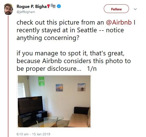 Airbnbの滞在先に監視カメラが…（画像は『Rogue P. Bigha !!　2019年1月15日付Twitter「check out this picture from an ＠Airbnb I recently stayed at in Seattle -- notice anything concerning?」』のスクリーンショット）