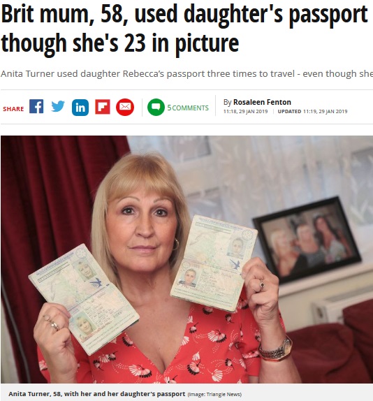 セキュリティチェックの甘さに驚く58歳の英女性（画像は『Mirror　2019年1月29日付「Brit mum, 58, used daughter’s passport to travel - even though she’s 23 in picture」（Image: Triangle News）』のスクリーンショット）