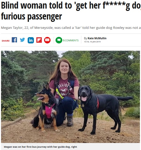 バス内で見知らぬ乗客に罵られた女性（画像は『Mirror　2019年1月10日付「Blind woman told to ‘get her f*****g dog off bus’ by furious passenger」』のスクリーンショット）