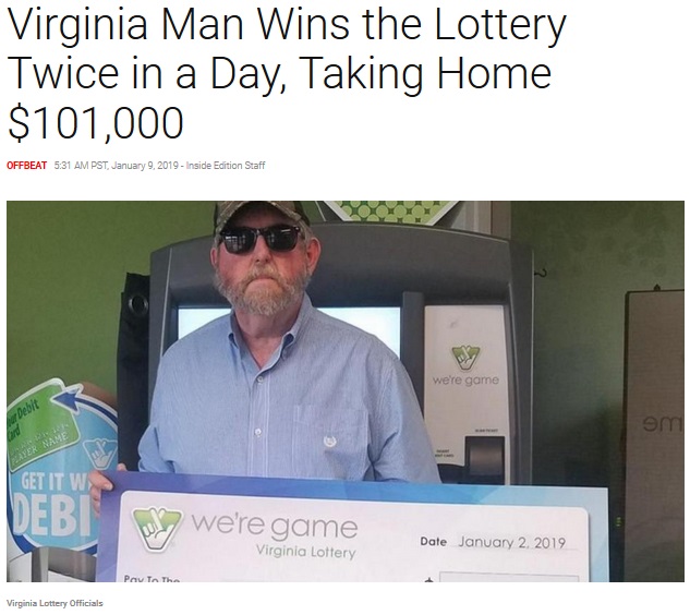1日に2度宝くじに当選した米バージニア州の男性（画像は『Inside Edition　2019年1月9日付「Virginia Man Wins the Lottery Twice in a Day, Taking Home ＄101,000」（Virginia Lottery Officials）』のスクリーンショット）