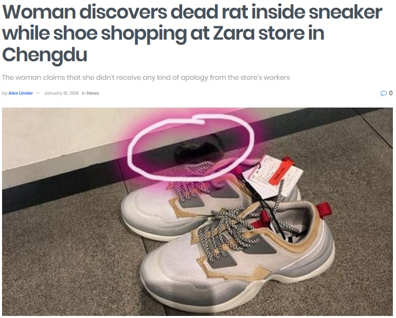 中国のZARAでスニーカーの中からネズミの死骸発見（画像は『shanghaiist　2019年1月16日付「Woman discovers dead rat inside sneaker while shoe shopping at Zara store in Chengdu」』のスクリーンショット）