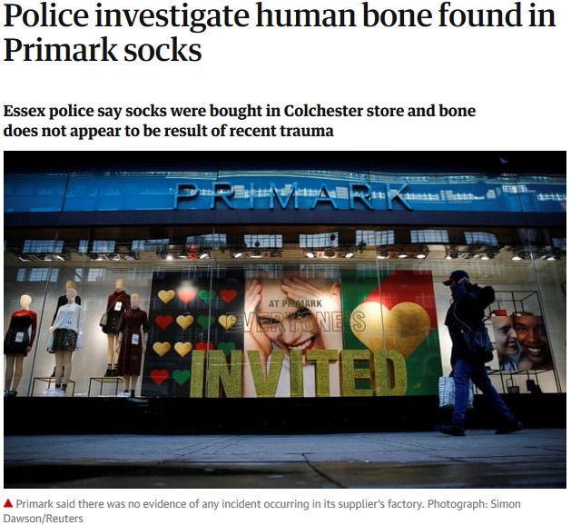 「PRIMARK」で購入した靴下から人骨見つかる（画像は『The Guardian　2019年1月25日付「Police investigate human bone found in Primark socks」（Photograph: Simon Dawson/Reuters）』のスクリーンショット）