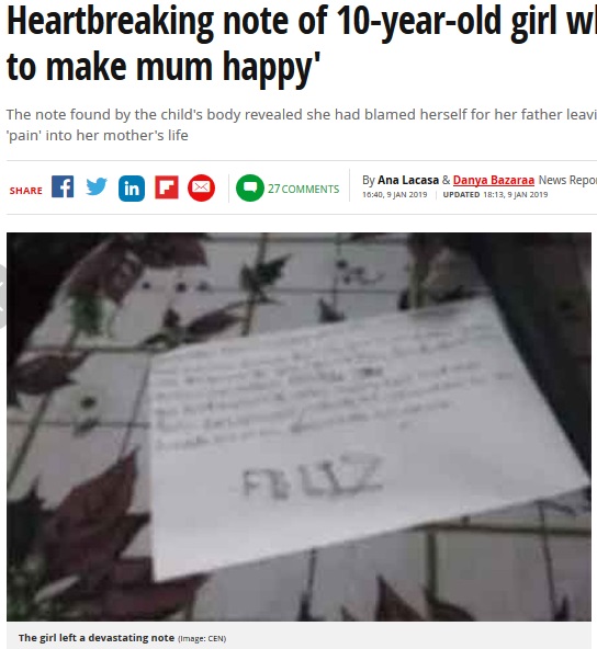 10歳少女、母のことを思う遺書を残し自殺（画像は『Mirror　2019年1月9日付「Heartbreaking note of 10-year-old girl who ‘killed herself to make mum happy’」（Image: CEN）』のスクリーンショット）