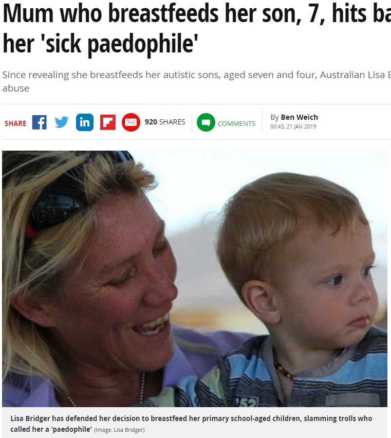 4歳と7歳息子に授乳を続ける母（画像は『Mirror　2019年1月21日付「Mum who breastfeeds her son, 7, hits back at trolls calling her ‘sick paedophile’」（Image: Lisa Bridger）』のスクリーンショット）