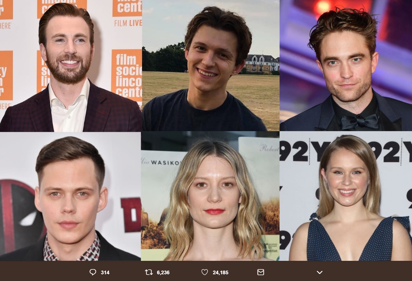 『The Devil All The Time』の豪華キャスト達（画像は『See What’s Next　2019年1月16日付Twitter「Chris Evans, Tom Holland, Robert Pattinson, Bill Skarsgard, Mia Wasikowska, and Eliza Scanlen will star in “The Devil All The Time,” a midwestern gothic involving a serial killer couple, a faith-testing preacher, and a corrupt local sheriff in a story told across two decades」』のスクリーンショット）