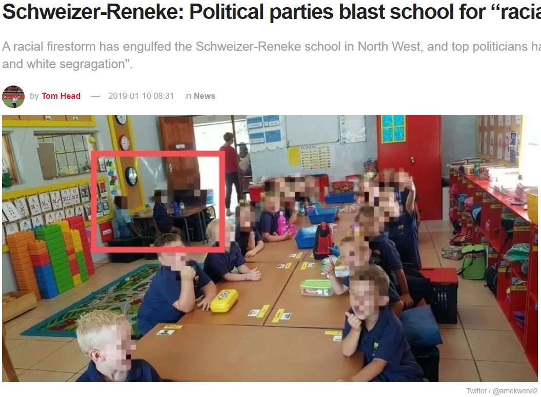 南アフリカの小学校で人種差別が明らかに（画像は『The South African　2019年1月10日付「Schweizer-Reneke: Political parties blast school for “racial segregation”」（Twitter/＠amokwena2）』のスクリーンショット）