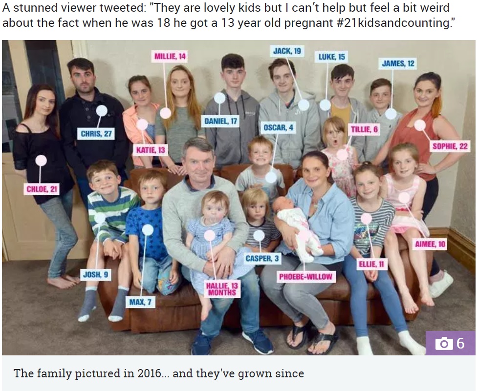 2016年のラドフォード一家（画像は『The Sun　2019年1月4日付「‘IT’S CREEPY’ Shock as mum of UK’s biggest family fell pregnant at 13 - when partner was 18」』のスクリーンショット）