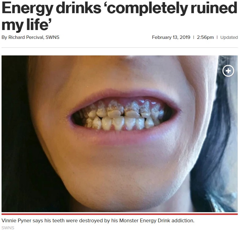 1日に6缶を飲んでいた21歳男性が注意喚起（画像は『New York Post　2019年2月13日付「Energy drinks ‘completely ruined my life’」（SWNS）』のスクリーンショット）