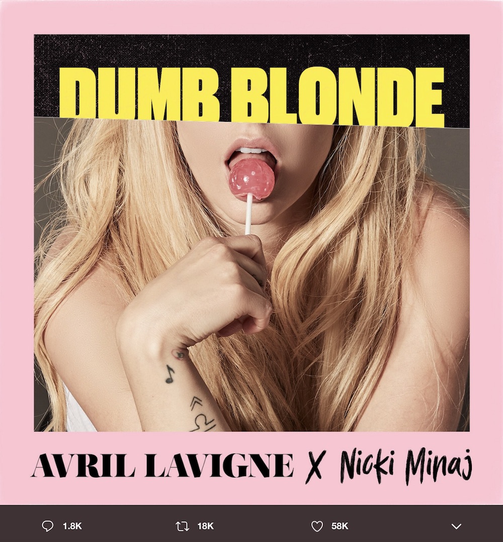 アヴリル・ラヴィーンとニッキー・ミナージュの新曲『Dumb Blonde』（画像は『Avril Lavigne　2019年2月11日付Twitter「“I am a fucking cherry bomb”＃DumbBlonde ft. ＠NICKIMINAJ. Tomorrow」』のスクリーンショット）