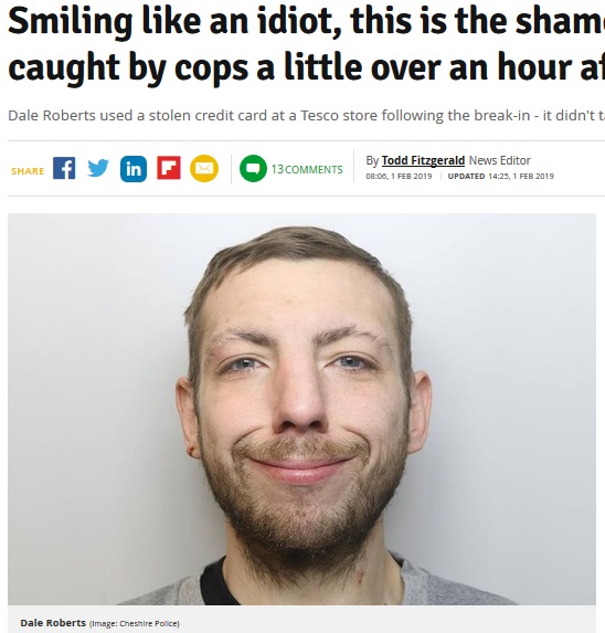 強盗犯、マグショットでニンマリ（画像は『Manchester Evening News　2019年2月1日付「Smiling like an idiot, this is the shameless burglar caught by cops a little over an hour after break-in」（Image: Cheshire Police）』のスクリーンショット）