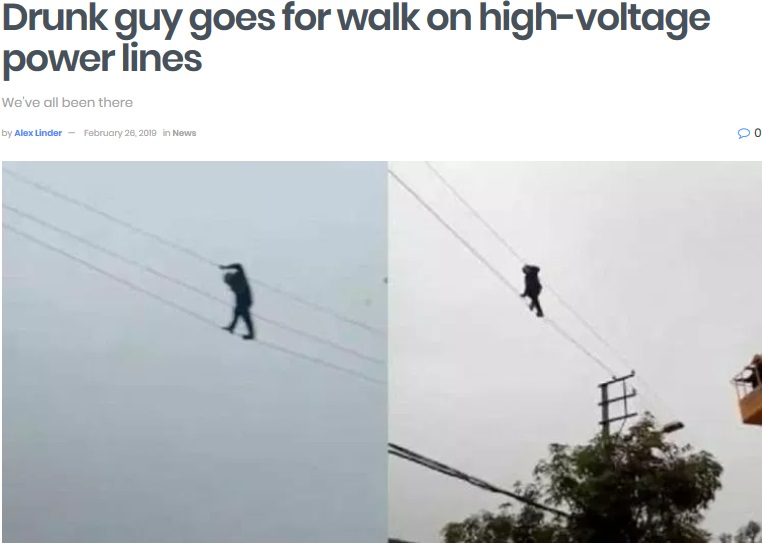 酔っ払って高圧線の上を歩く男（画像は『shanghaiist　2019年2月26日付「Drunk guy goes for walk on high-voltage power lines」』のスクリーンショット）