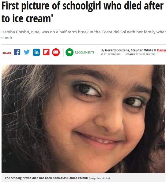 アイスクリームを食べた後に死亡した9歳少女（画像は『Mirror　2019年2月22日付「First picture of schoolgirl who died after ‘allergic reaction to ice cream’」（Image: Mark Lister）』のスクリーンショット）