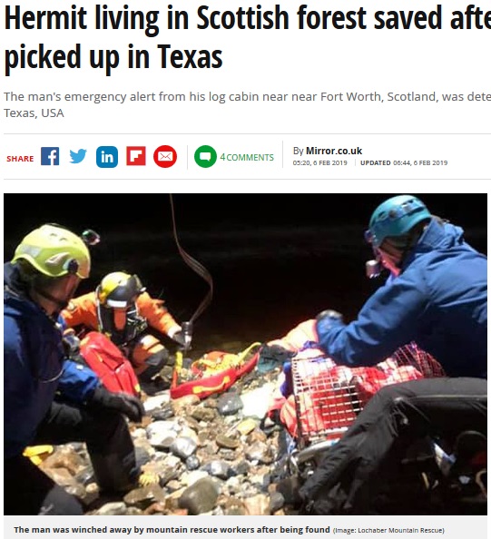 スコットランドからのSOSが米テキサス州でキャッチされ、70代男性が救助される（画像は『Mirror　2019年2月6日付「Hermit living in Scottish forest saved after SOS signal is picked up in Texas」（Image: Lochaber Mountain Rescue）』のスクリーンショット）