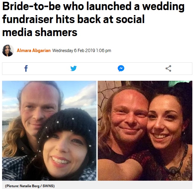 ウエディング費用のため寄付を募るカップル（画像は『Metro　2019年2月6日付「Bride-to-be who launched a wedding fundraiser hits back at social media shamers」（Picture: Natalie Borg / SWNS）』のスクリーンショット）