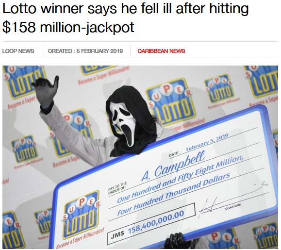 1億円超の宝くじに当選した男性（画像は『Loop News　2019年2月5日付「Lotto winner says he fell ill after hitting ＄158 million-jackpot」』のスクリーンショット）